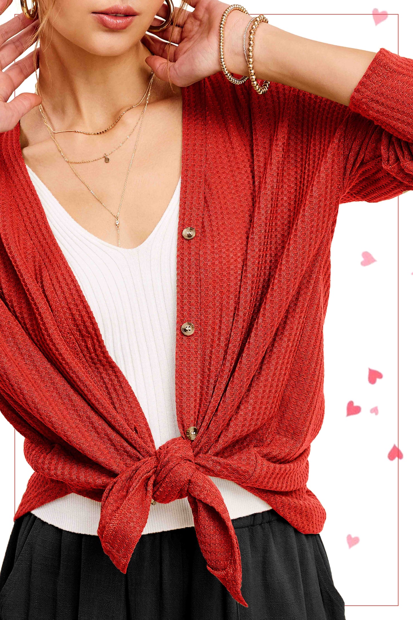 Soft Waffle Fabric Button Down Long Sleeve Cardigan La Miel HBC2175