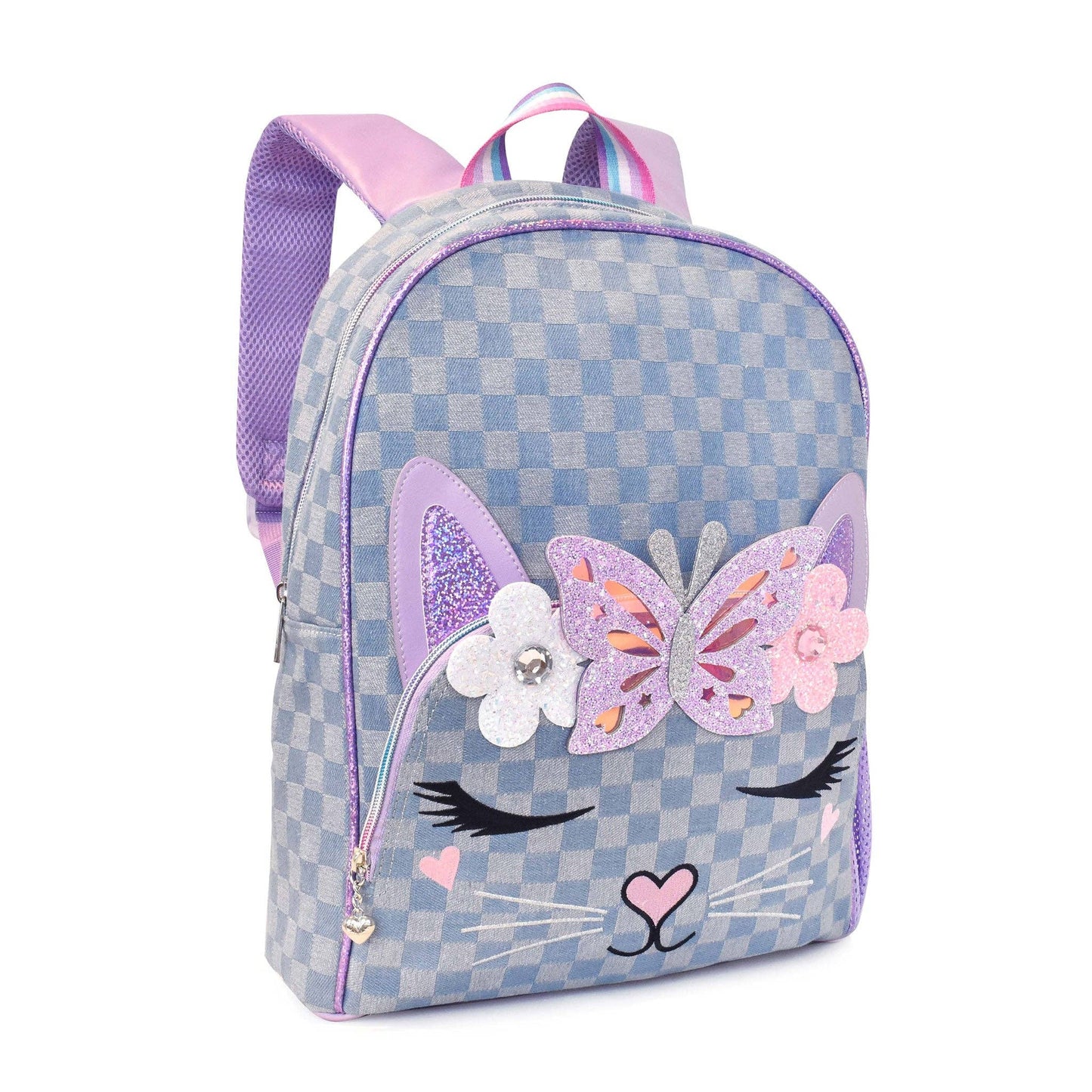 Miss Bella Kitty Cat Checkerboard-Print Denim Large Backpack
