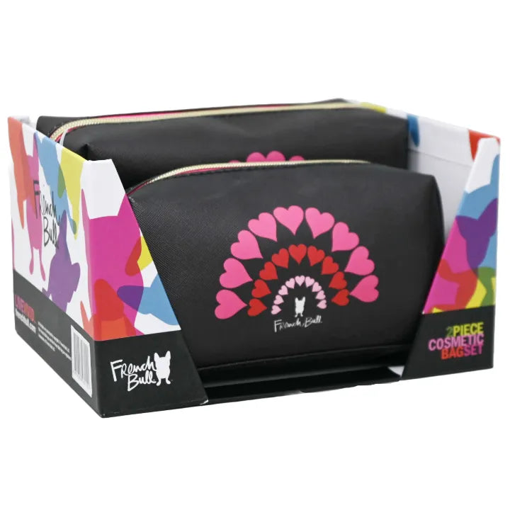 French Bull 2-Piece Cosmetic Bag Set – Black with Hearts