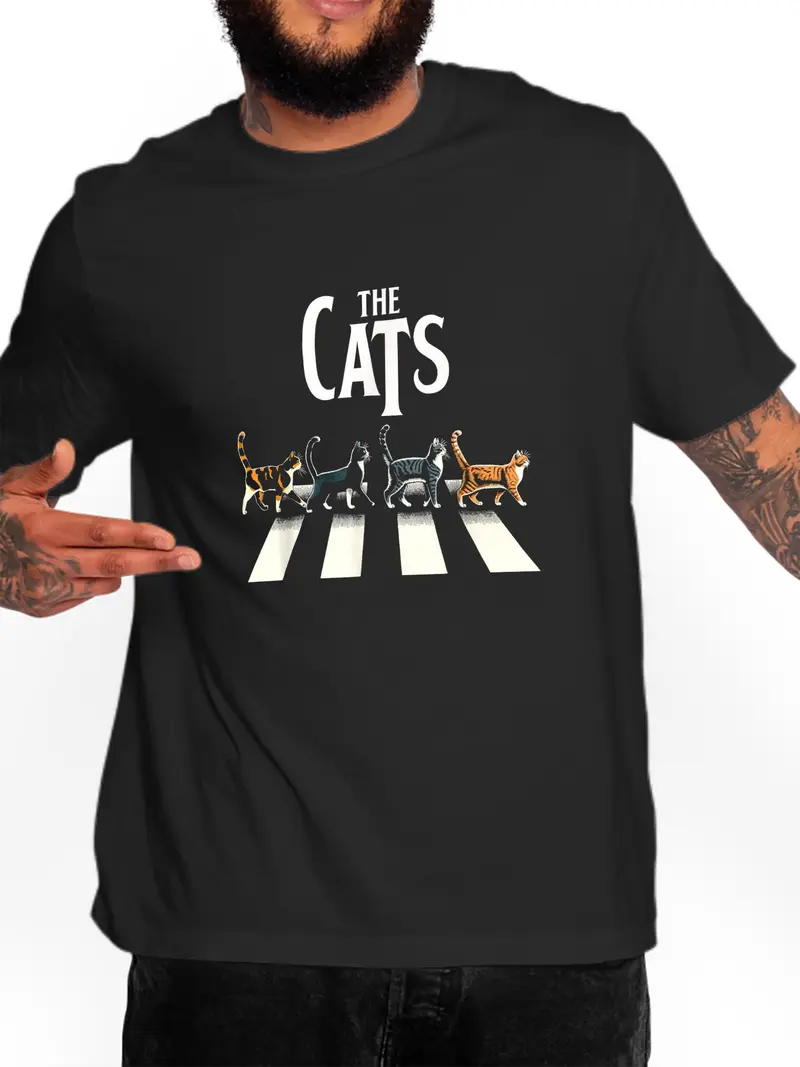 Catwalk Abbey Tee Plus – Oversized Funny Graphic T-Shirt Featuring Cats Crossing Like The Beatles