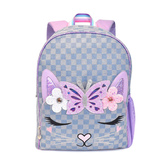 Miss Bella Kitty Cat Checkerboard-Print Denim Large Backpack