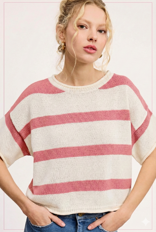La Miel MCS3579 LIGHTWEIGHT STRIPE SWEATER SHORT SLEEVE TOP