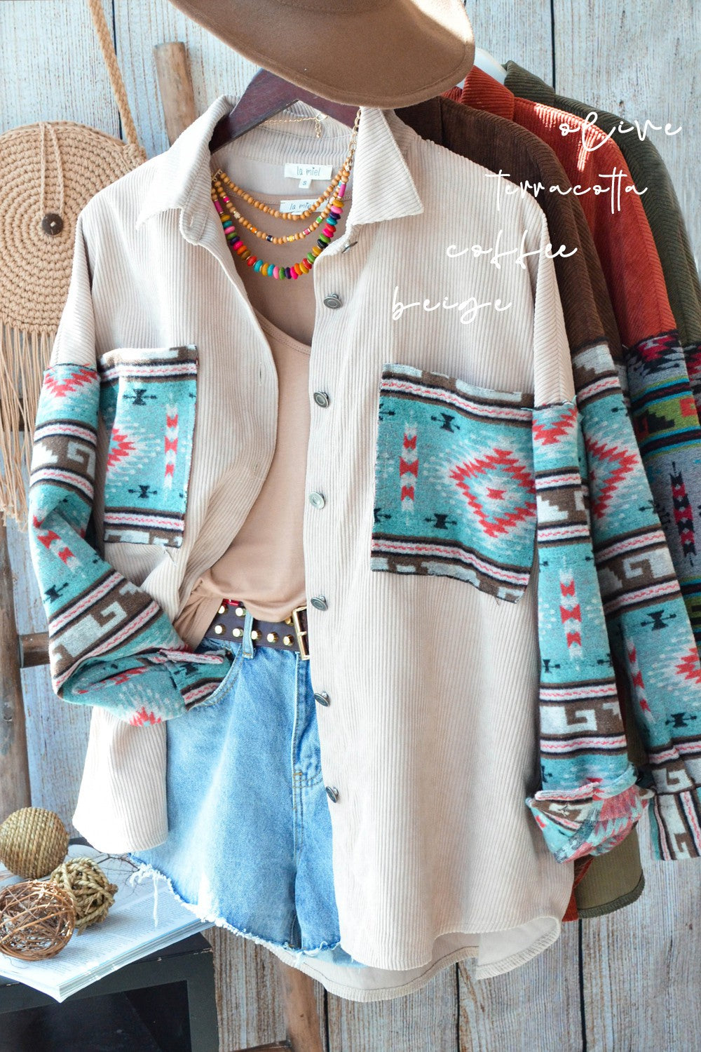 HAJ1730 La Miel Kayla Oversized Aztec Print Contrast Corduroy Jacket