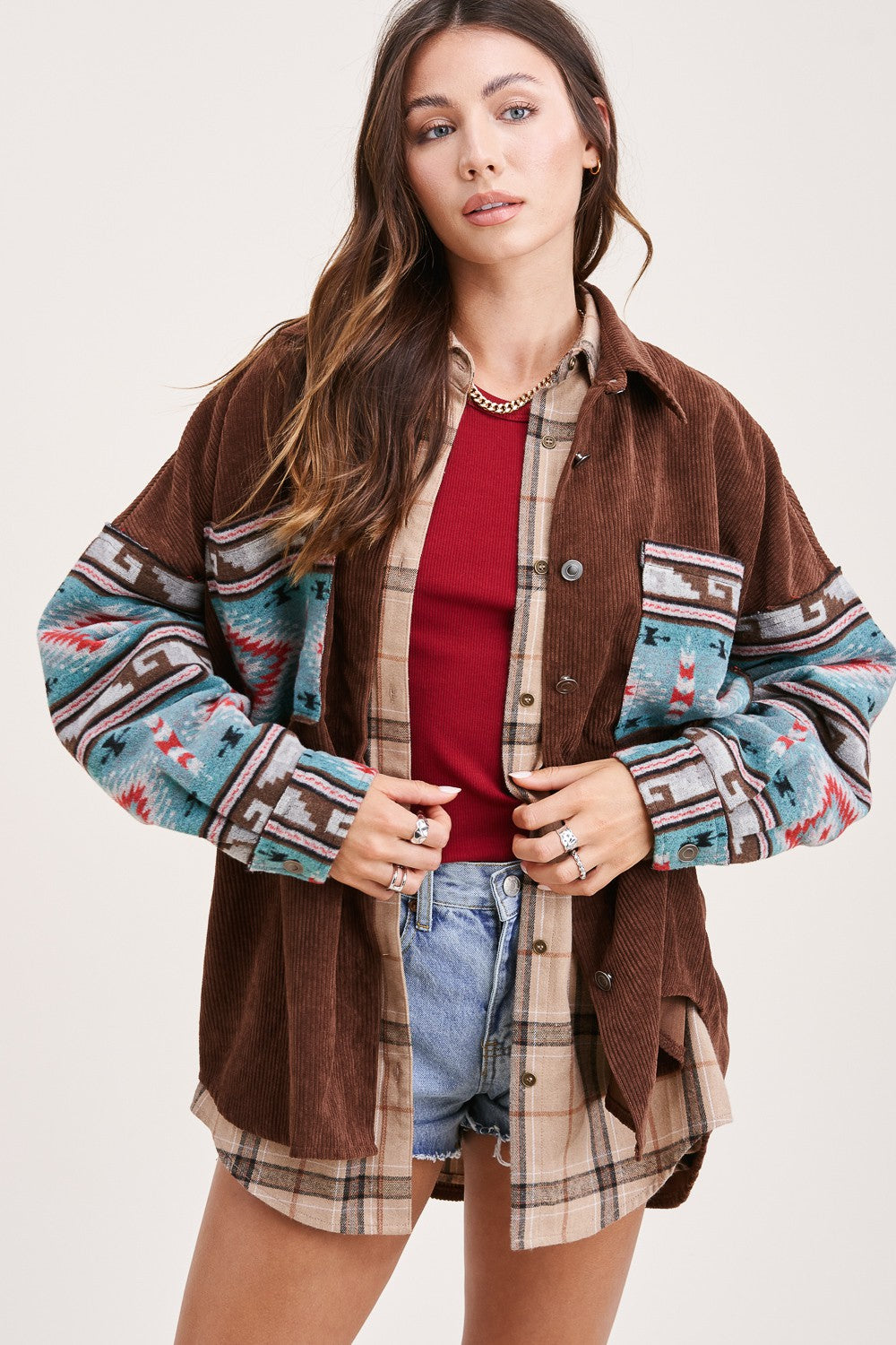 HAJ1730 La Miel Kayla Oversized Aztec Print Contrast Corduroy Jacket