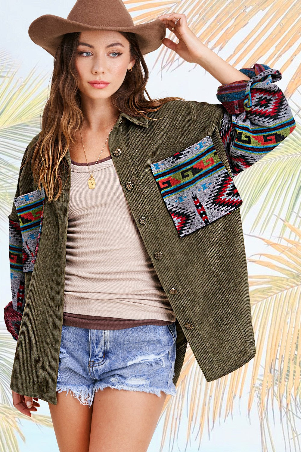 HAJ1730 La Miel Kayla Oversized Aztec Print Contrast Corduroy Jacket