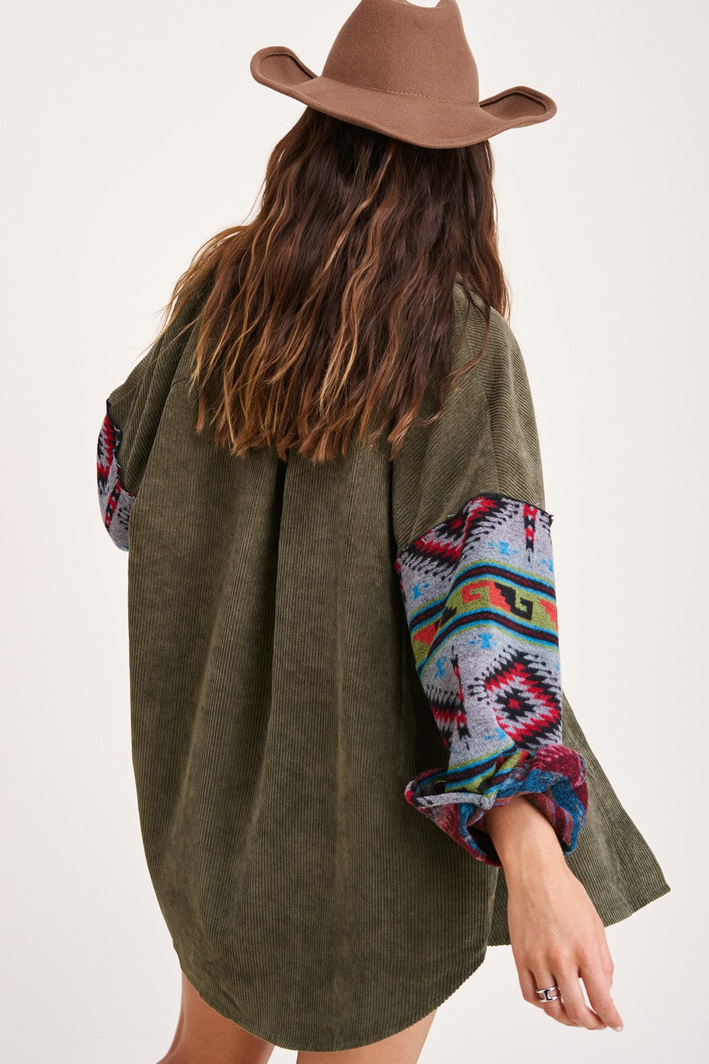 HAJ1730 La Miel Kayla Oversized Aztec Print Contrast Corduroy Jacket