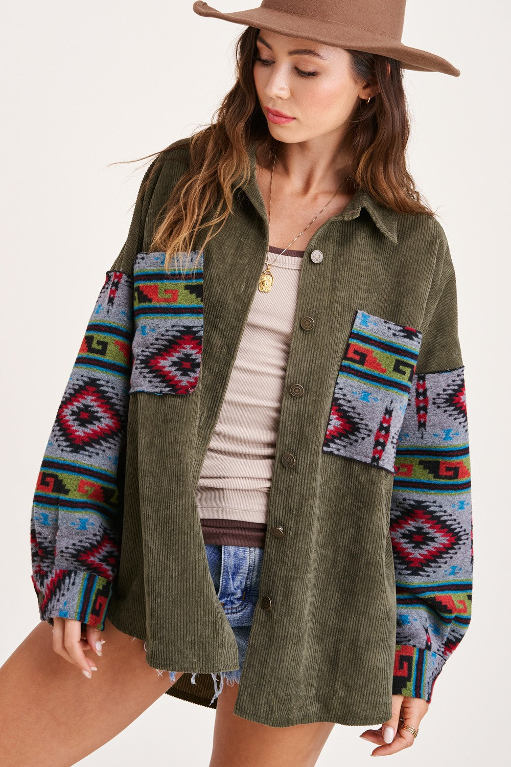 HAJ1730 La Miel Kayla Oversized Aztec Print Contrast Corduroy Jacket