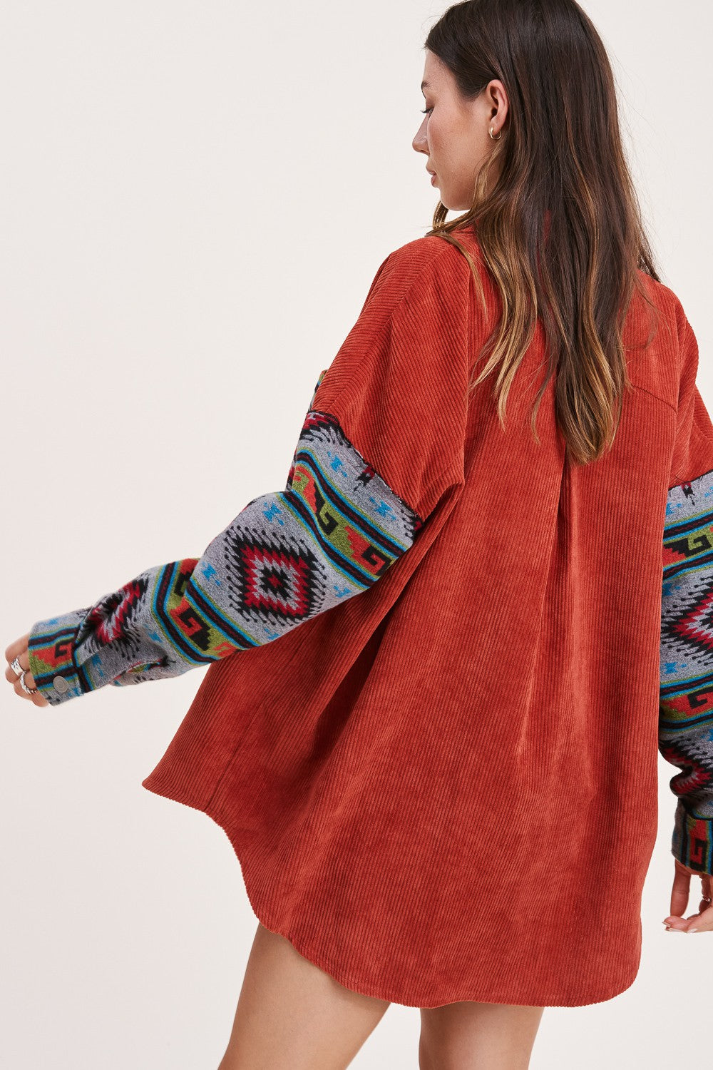 HAJ1730 La Miel Kayla Oversized Aztec Print Contrast Corduroy Jacket
