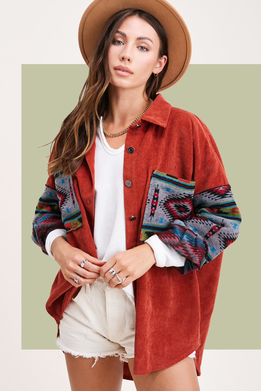HAJ1730 La Miel Kayla Oversized Aztec Print Contrast Corduroy Jacket