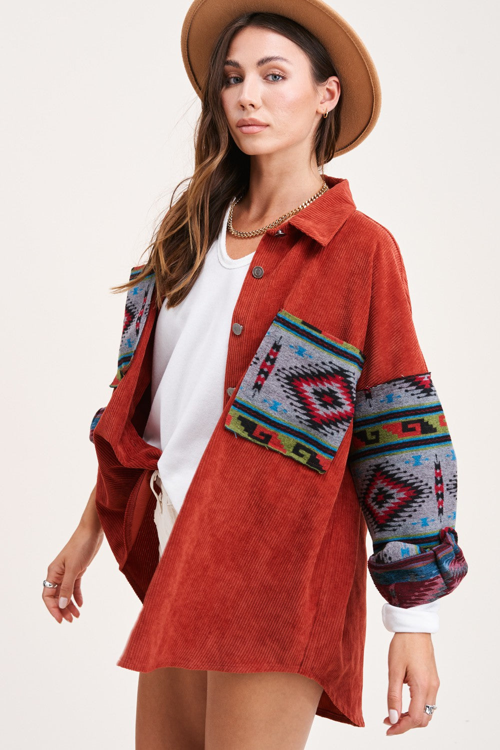 HAJ1730 La Miel Kayla Oversized Aztec Print Contrast Corduroy Jacket