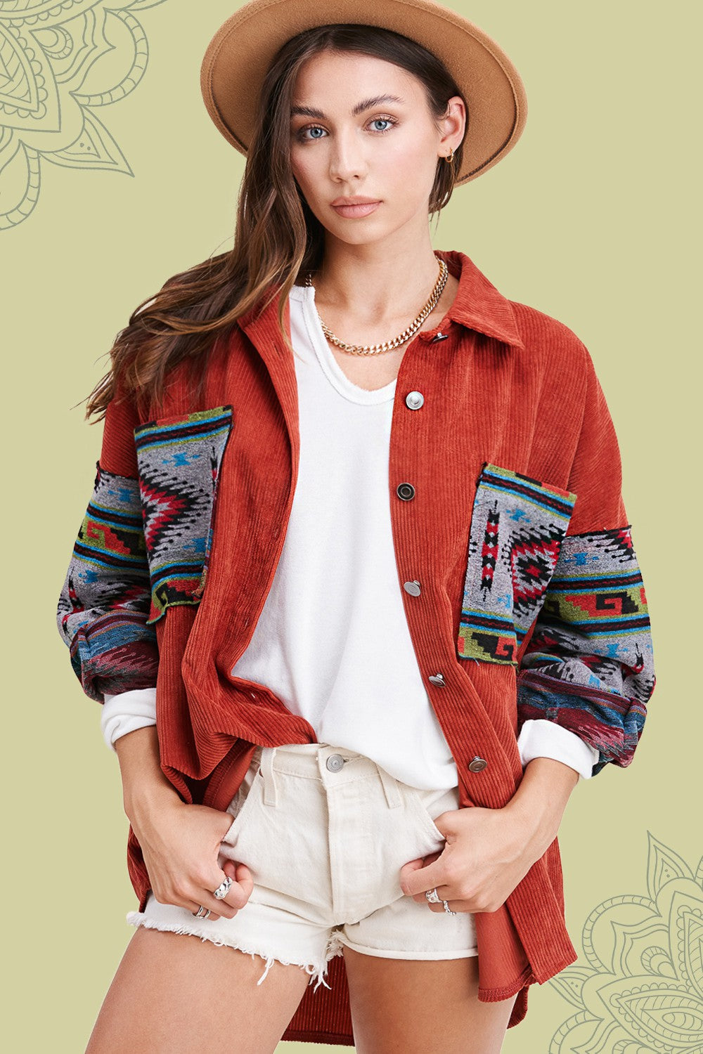 HAJ1730 La Miel Kayla Oversized Aztec Print Contrast Corduroy Jacket