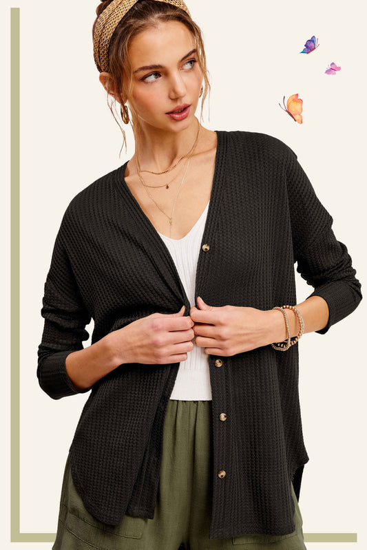 Soft Waffle Fabric Button Down Long Sleeve Cardigan La Miel HBC2175