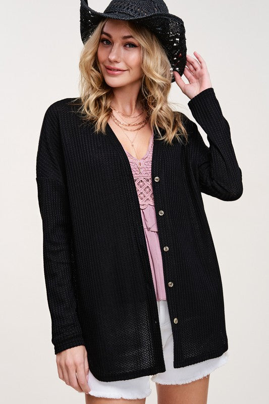 Soft Waffle Fabric Button Down Long Sleeve Cardigan La Miel HBC2175