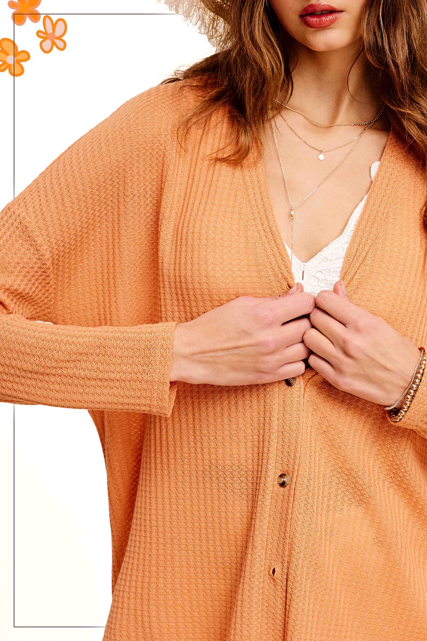 Soft Waffle Fabric Button Down Long Sleeve Cardigan La Miel HBC2175