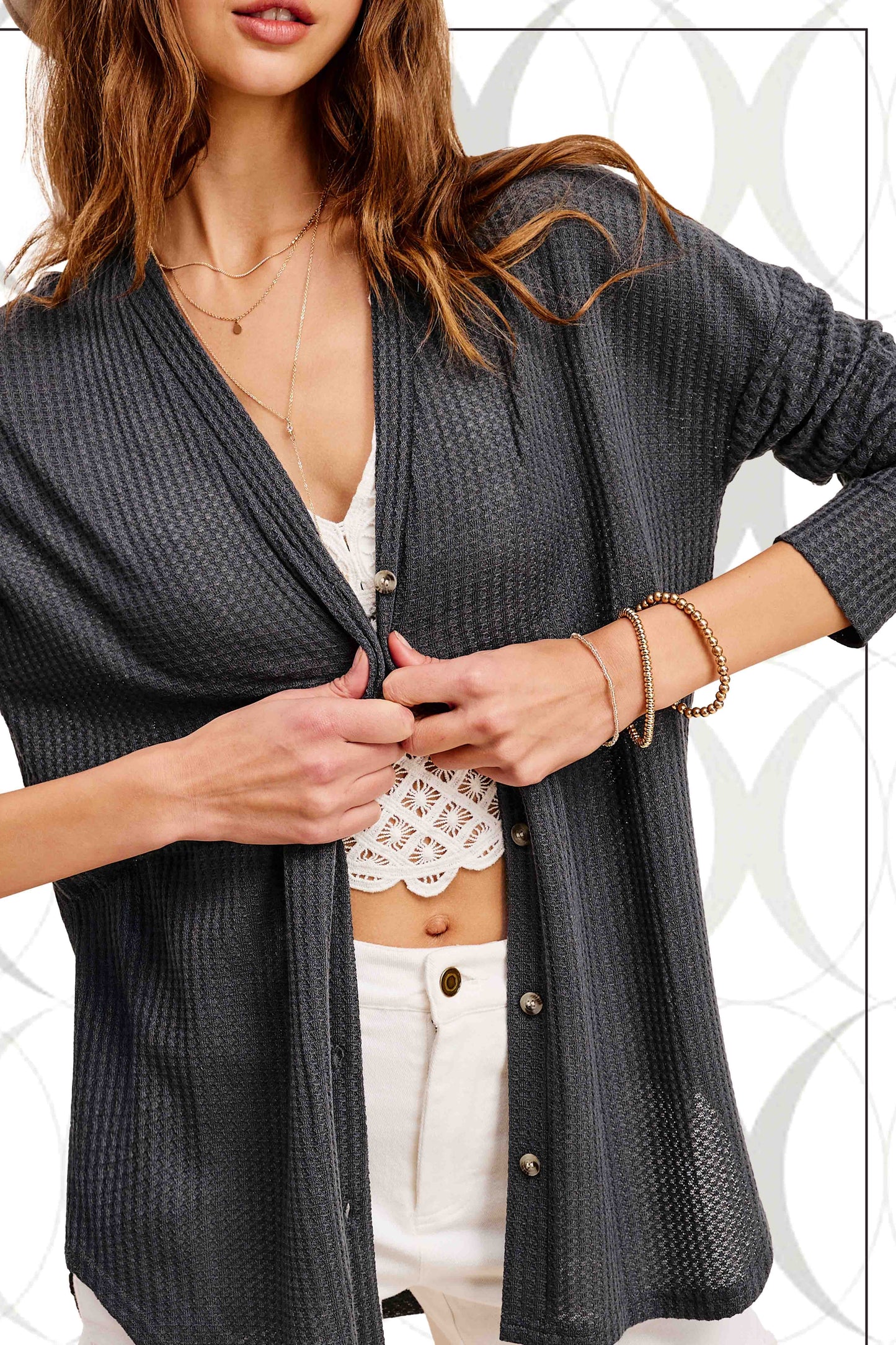Soft Waffle Fabric Button Down Long Sleeve Cardigan La Miel HBC2175