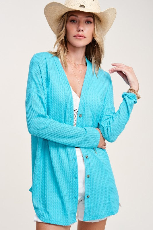 Soft Waffle Fabric Button Down Long Sleeve Cardigan La Miel HBC2175