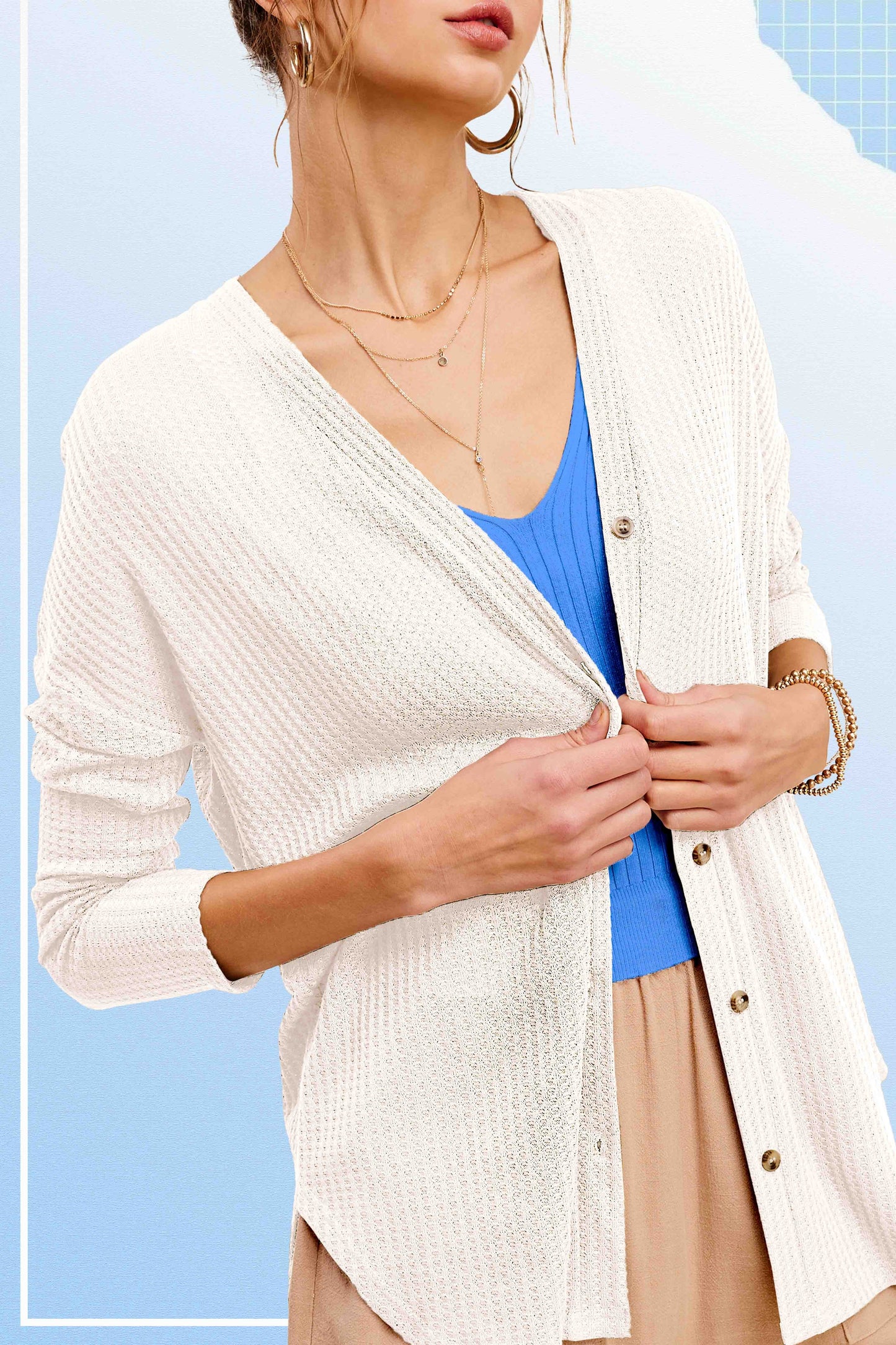 Soft Waffle Fabric Button Down Long Sleeve Cardigan La Miel HBC2175