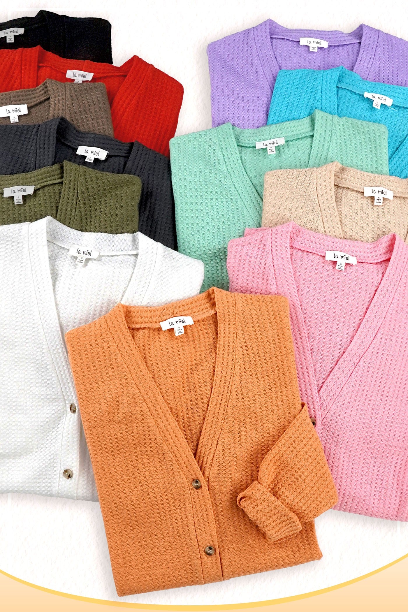 Soft Waffle Fabric Button Down Long Sleeve Cardigan La Miel HBC2175