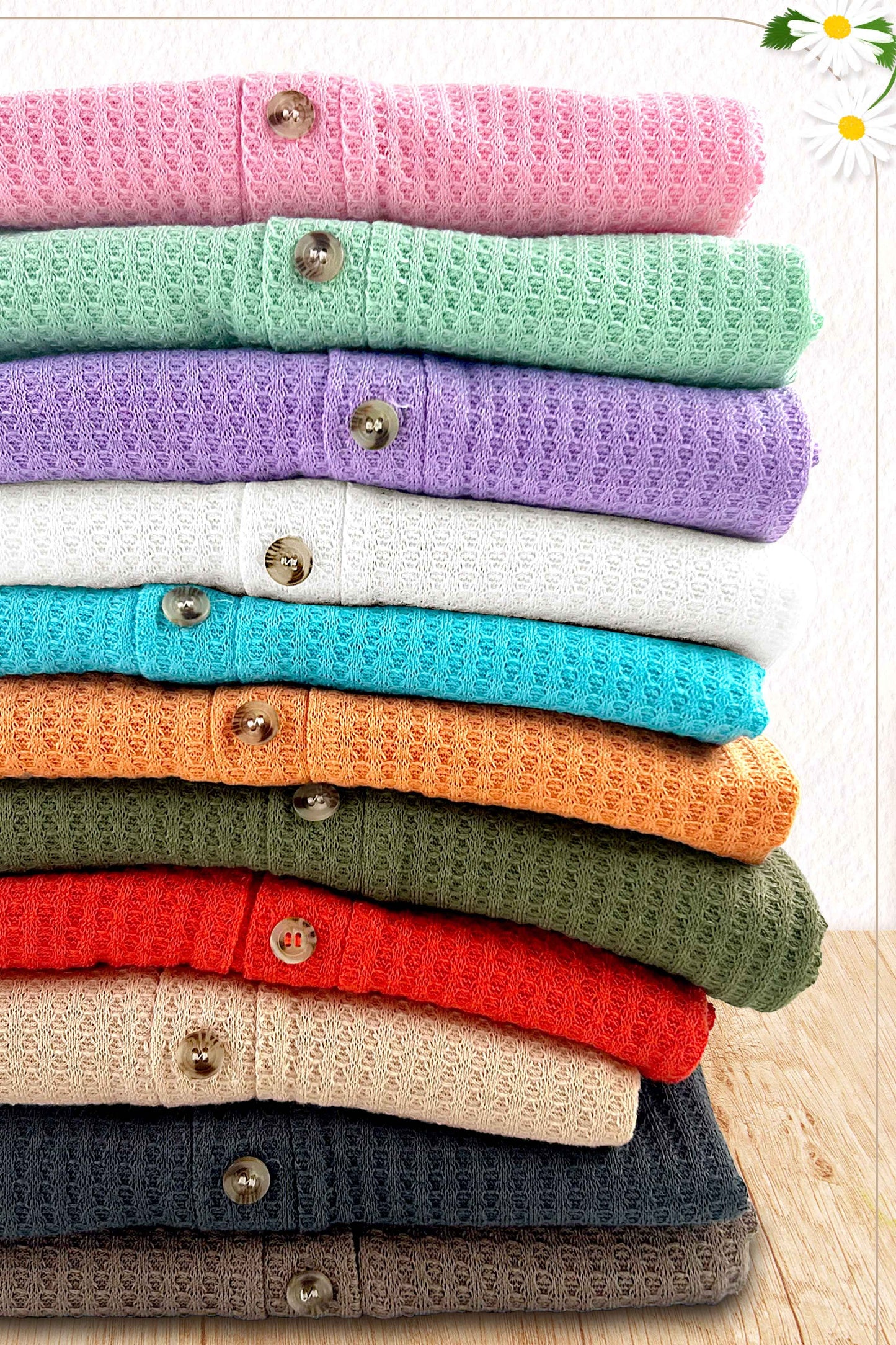 Soft Waffle Fabric Button Down Long Sleeve Cardigan La Miel HBC2175