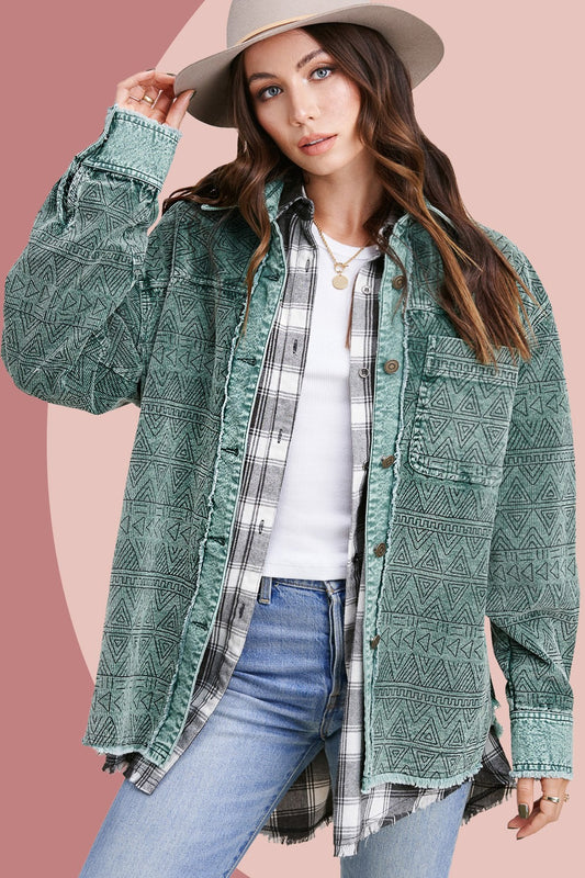 La Miel JKT1755 Vintage Look Washed Aztec Print Corduroy Jacket