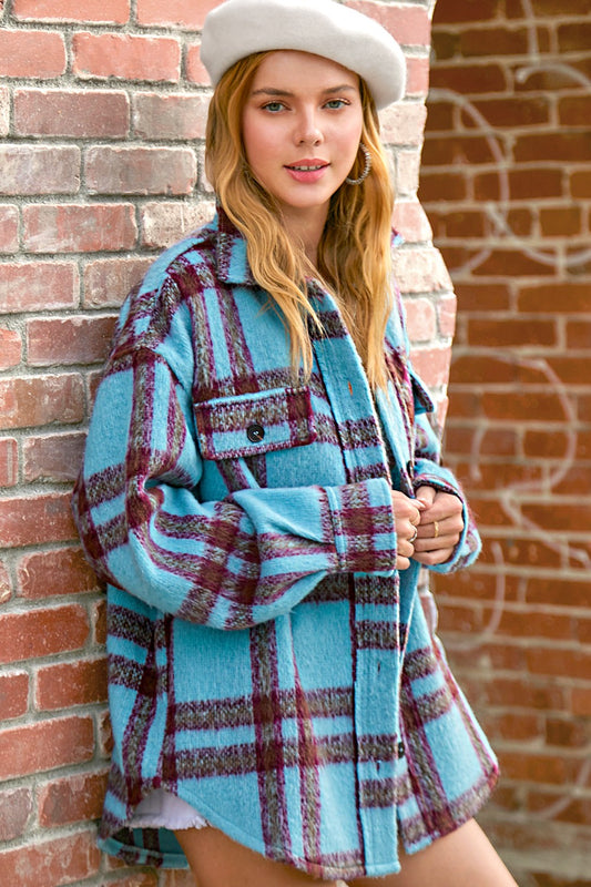 La Miel JKT1773 Oversized Check Pattern Button Down Jacket