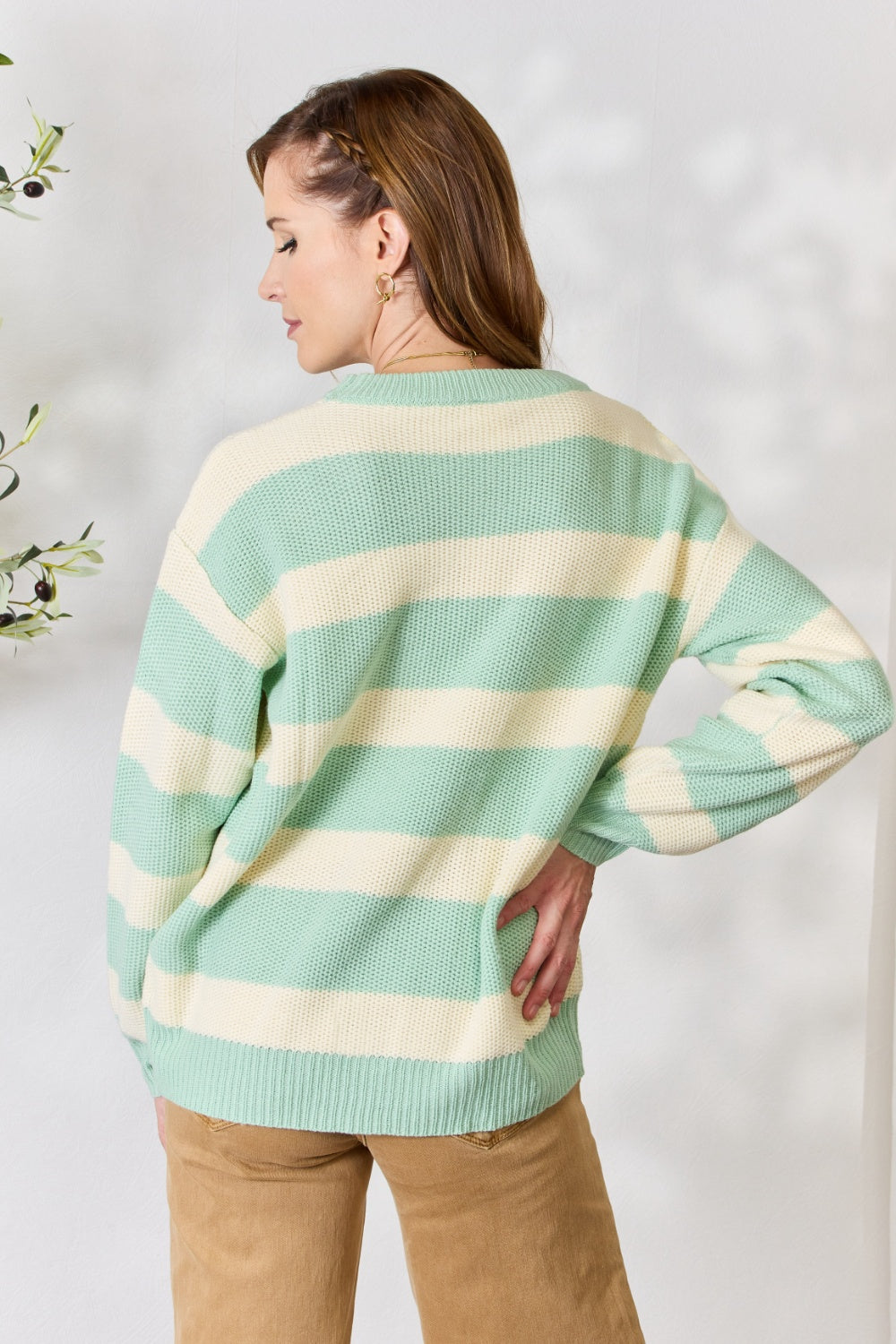 Sew In Love Full Size Contrast Striped Round Neck Sweater